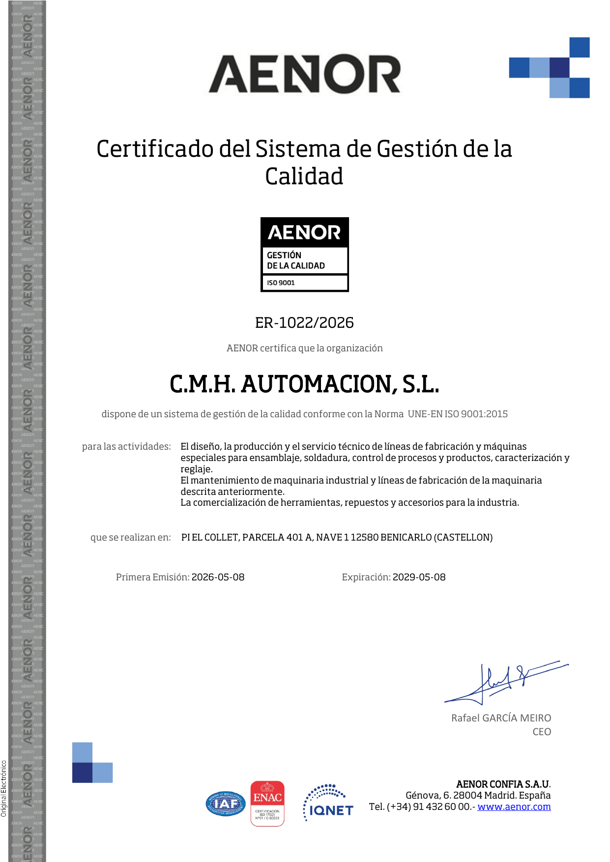 Certificado AENOR ISO 9001