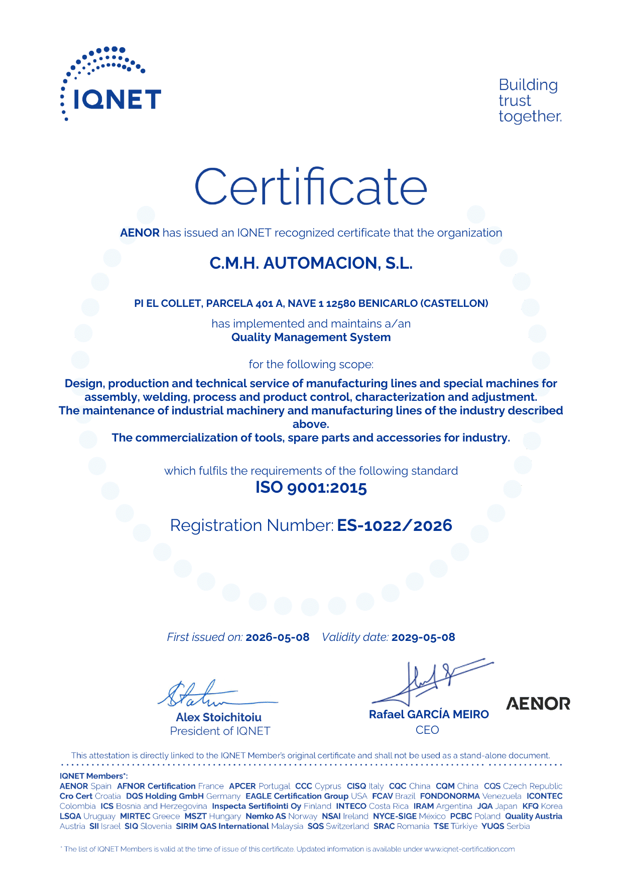Certificado IQNET ISO 9001